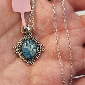 NWT Old Stock 925 Blue Fire Opal Mosaic Pendant Necklace Vintage Style